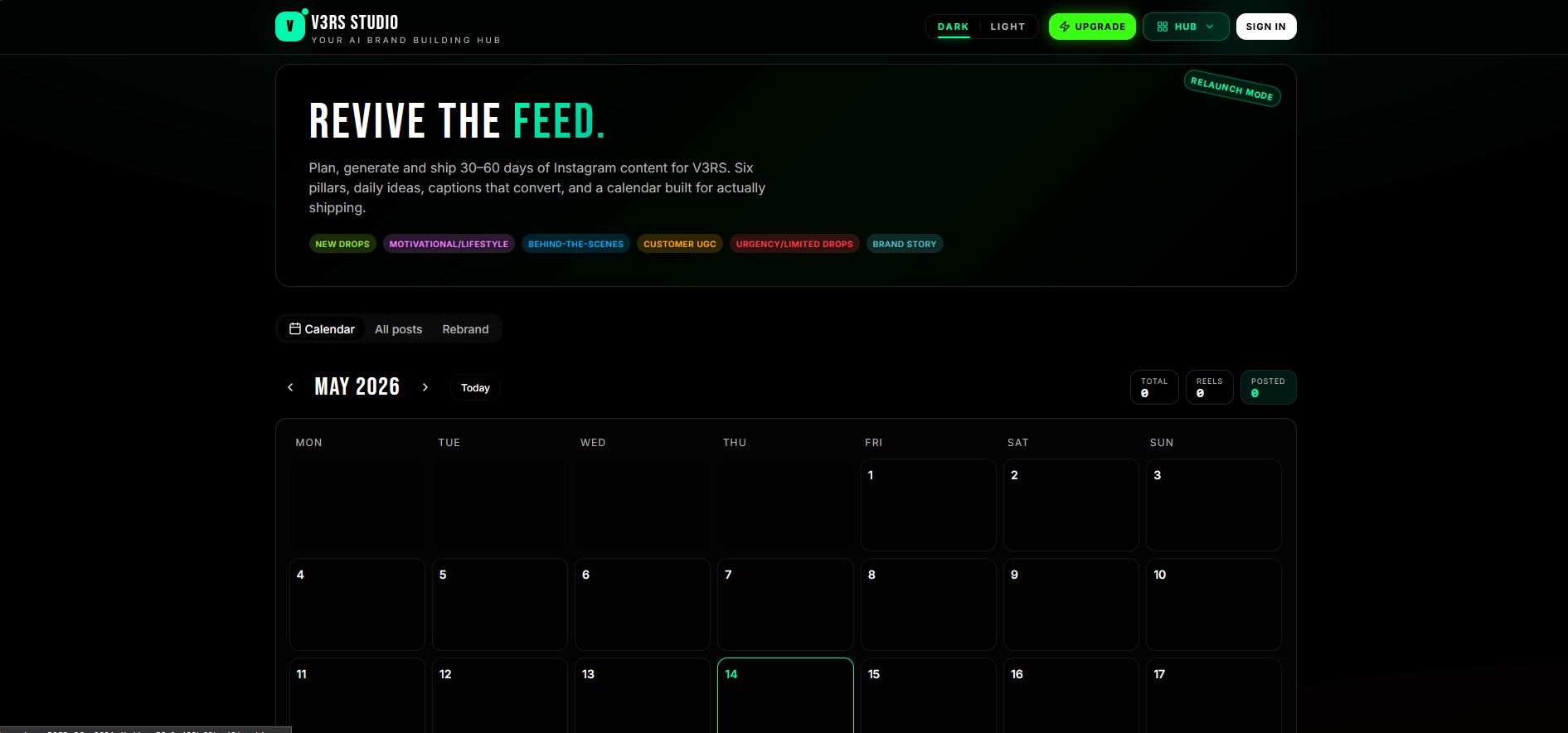 V3RS Studio Content Calendar — REVIVE THE FEED